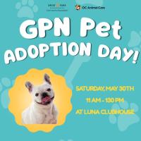 Great Park Neighborhood Adoption Day flyer of a dog smiling