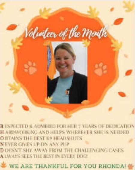 Volunteer of the Month flyer with an image of Rhonda